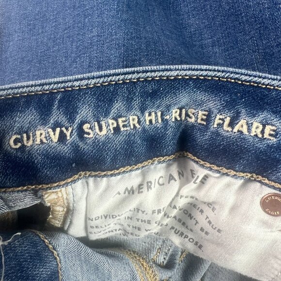American Eagle Jean Women 30x27* Super High Rise Flare Blue Raw Hem Denim Tag 8S - Picture 8 of 16